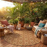 8' Orange And Copper Round Geometric Washable Indoor Outdoor Area Rug