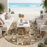 8' Brown And Wheat Round Patchwork Washable Indoor Outdoor Area Rug