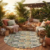 8' Green And Copper Round Patchwork Washable Indoor Outdoor Area Rug