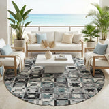8' Gray And Black Round Patchwork Washable Indoor Outdoor Area Rug