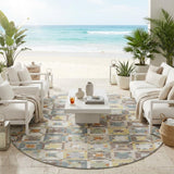 8' Ivory And Brown Round Patchwork Washable Indoor Outdoor Area Rug
