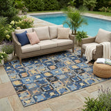 5' X 8' Navy Blue And Gold Patchwork Washable Indoor Outdoor Area Rug
