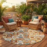 8' Orange And Copper Round Patchwork Washable Indoor Outdoor Area Rug
