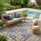 5' X 8' Purple And Teal Blue Patchwork Washable Indoor Outdoor Area Rug