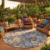 8' Purple And Teal Blue Round Patchwork Washable Indoor Outdoor Area Rug