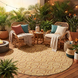 8' Gold And Copper Round Geometric Washable Indoor Outdoor Area Rug