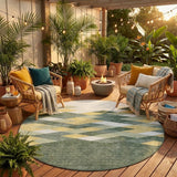 8' Green And Wheat Round Geometric Washable Indoor Outdoor Area Rug