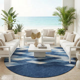 8' Navy Blue And Blue Round Geometric Washable Indoor Outdoor Area Rug