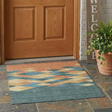 3' X 5' Teal Blue And Copper Geometric Washable Indoor Outdoor Area Rug
