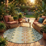 8' Green And Gold Round Geometric Washable Indoor Outdoor Area Rug