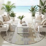 8' Ivory And Linen Round Geometric Washable Indoor Outdoor Area Rug