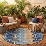 8' Navy Blue And Blue Round Geometric Washable Indoor Outdoor Area Rug