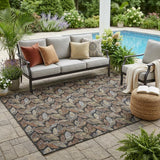 5' X 8' Black And Gray Botanical Leaves Washable Indoor Outdoor Area Rug