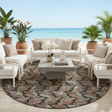 8' Black And Gray Round Botanical Leaves Washable Indoor Outdoor Area Rug