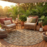 8' Chocolate And Brown Round Botanical Leaves Washable Indoor Outdoor Area Rug
