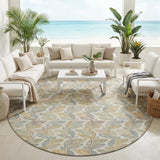 8' Ivory And Beige Round Botanical Leaves Washable Indoor Outdoor Area Rug