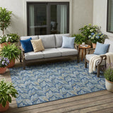5' X 8' Navy Blue And Blue Botanical Leaves Washable Indoor Outdoor Area Rug