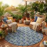 8' Navy Blue And Blue Round Botanical Leaves Washable Indoor Outdoor Area Rug