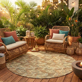 8' Wheat And Gold Round Botanical Leaves Washable Indoor Outdoor Area Rug