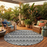 8' Charcoal And Black Round Geometric Washable Indoor Outdoor Area Rug