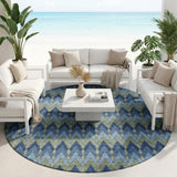 8' Navy Blue And Green Round Geometric Washable Indoor Outdoor Area Rug
