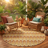 8' Orange And Copper Round Geometric Washable Indoor Outdoor Area Rug