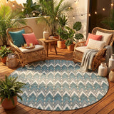 8' Teal Blue And Ivory Round Geometric Washable Indoor Outdoor Area Rug