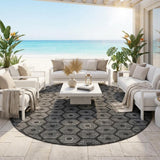 8' Black And Gray Round Geometric Washable Indoor Outdoor Area Rug