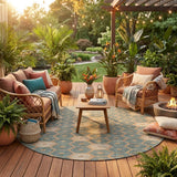 8' Copper And Green Round Geometric Washable Indoor Outdoor Area Rug