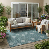 5' X 8' Teal Blue And Ivory Geometric Washable Indoor Outdoor Area Rug