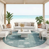 8' Teal Blue And Ivory Round Geometric Washable Indoor Outdoor Area Rug