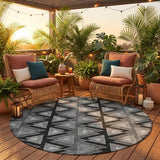 8' Black And Gray Round Geometric Washable Indoor Outdoor Area Rug