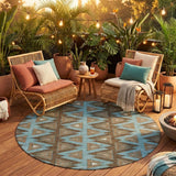 8' Chocolate And Brown Round Geometric Washable Indoor Outdoor Area Rug