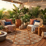 8' Orange And Copper Round Geometric Washable Indoor Outdoor Area Rug