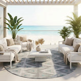 8' Silver And Gray Round Geometric Washable Indoor Outdoor Area Rug