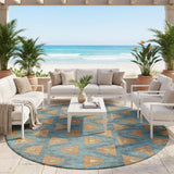 8' Teal Blue And Copper Round Geometric Washable Indoor Outdoor Area Rug
