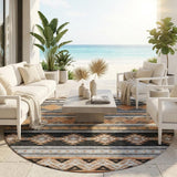 8' Black And Copper Round Southwestern Washable Indoor Outdoor Area Rug