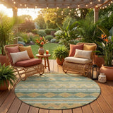 8' Green And Gold Round Southwestern Washable Indoor Outdoor Area Rug