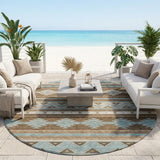 8' Chocolate And Teal Blue Round Southwestern Washable Indoor Outdoor Area Rug