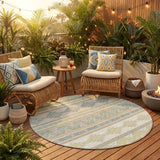 8' Ivory And Beige Round Southwestern Washable Indoor Outdoor Area Rug