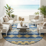 8' Navy Blue And Denim Blue Round Southwestern Washable Indoor Outdoor Area Rug