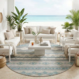 8' Silver And Teal Blue Round Southwestern Washable Indoor Outdoor Area Rug