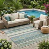 5' X 8' Teal Blue And Beige Southwestern Washable Indoor Outdoor Area Rug