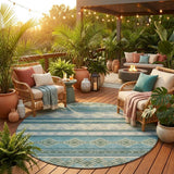 8' Teal Blue And Beige Round Southwestern Washable Indoor Outdoor Area Rug