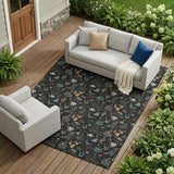 8' X 10' Black And Teal Blue Cactus Washable Indoor Outdoor Area Rug