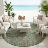 8' Green And Gold Round Cactus Washable Indoor Outdoor Area Rug