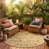 8' Gold And Orange Round Cactus Washable Indoor Outdoor Area Rug