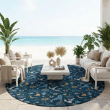 8' Navy Blue And Denim Blue Round Cactus Washable Indoor Outdoor Area Rug