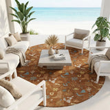 8' Orange And Copper Round Cactus Washable Indoor Outdoor Area Rug