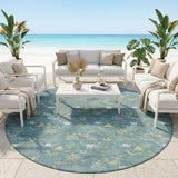 8' Teal Blue And Wheat Round Cactus Washable Indoor Outdoor Area Rug